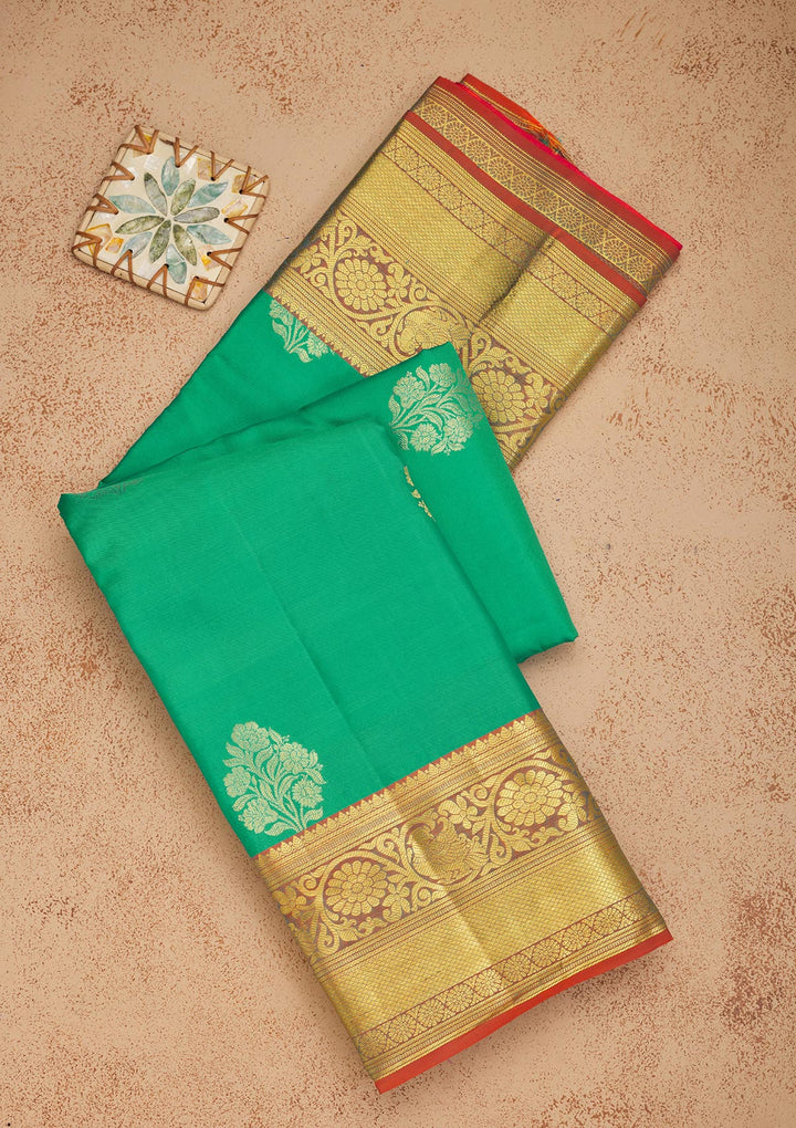 Rama Green Silk Buti Gold Zariwork Saree With Matching Blouse Piece