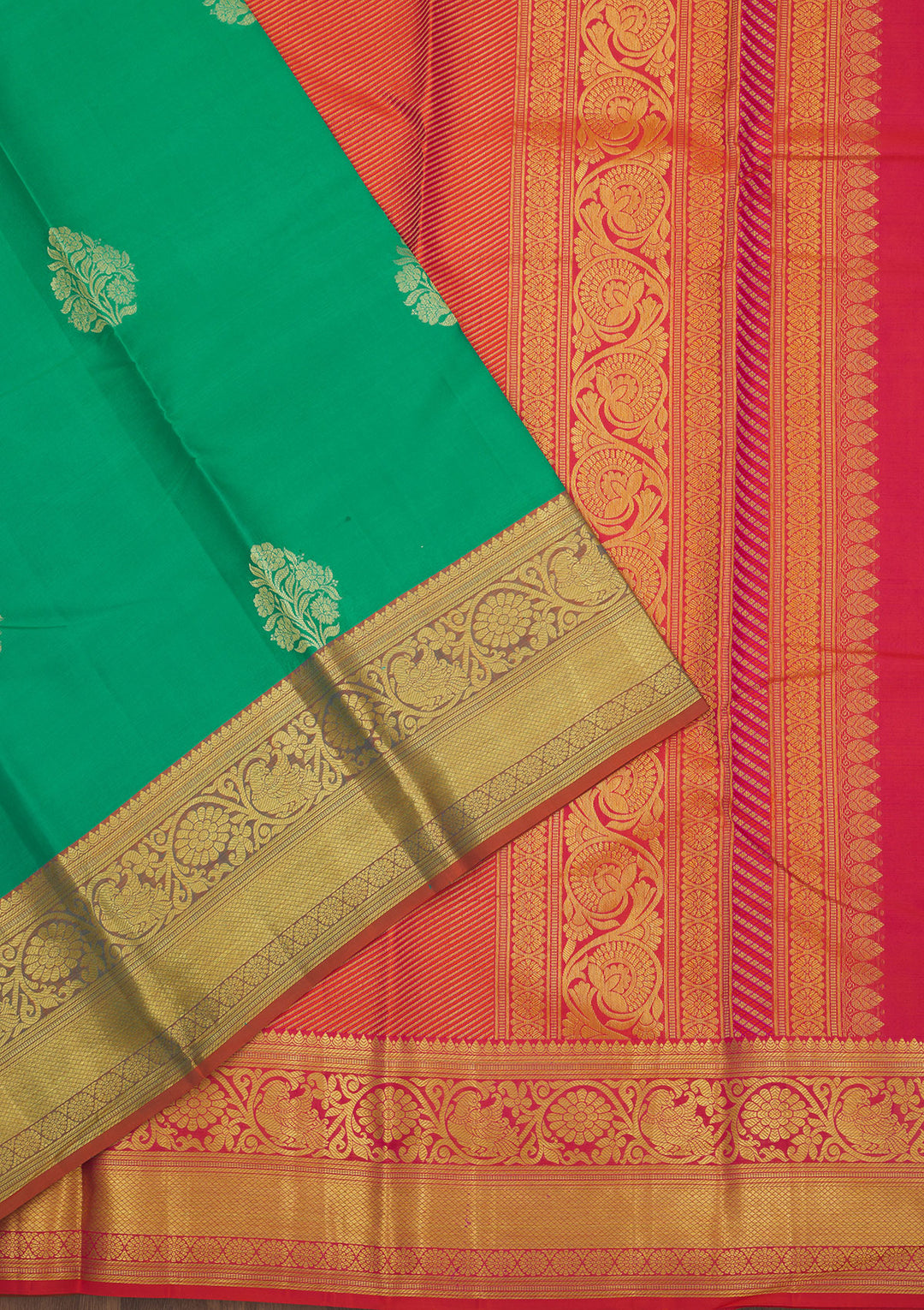 Rama Green Silk Buti Gold Zariwork Saree With Matching Blouse Piece