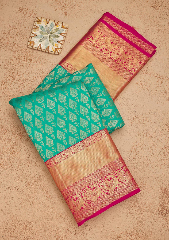 Rama Green Silk Jaal Gold Zariwork Saree With Matching Blouse Piece
