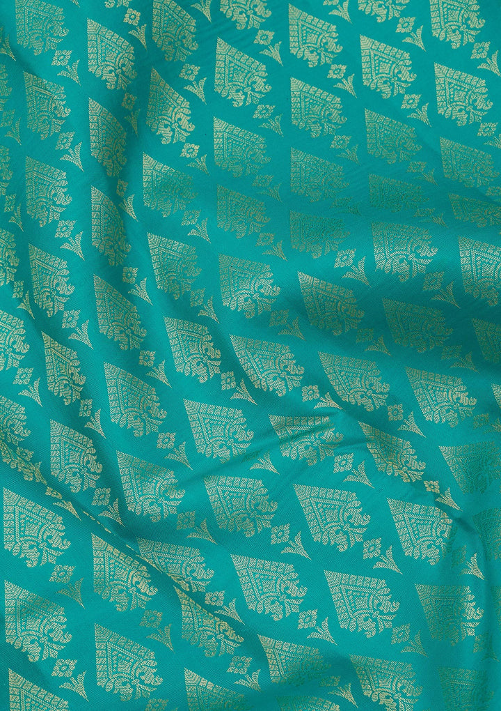 Rama Green Silk Jaal Gold Zariwork Saree With Matching Blouse Piece