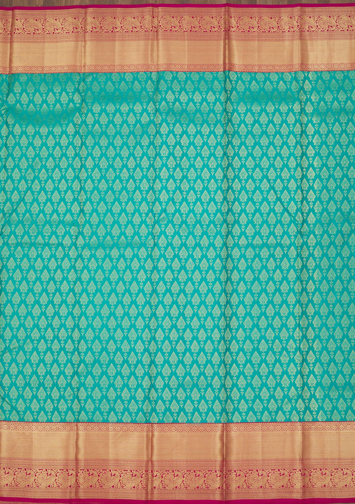 Rama Green Silk Jaal Gold Zariwork Saree With Matching Blouse Piece