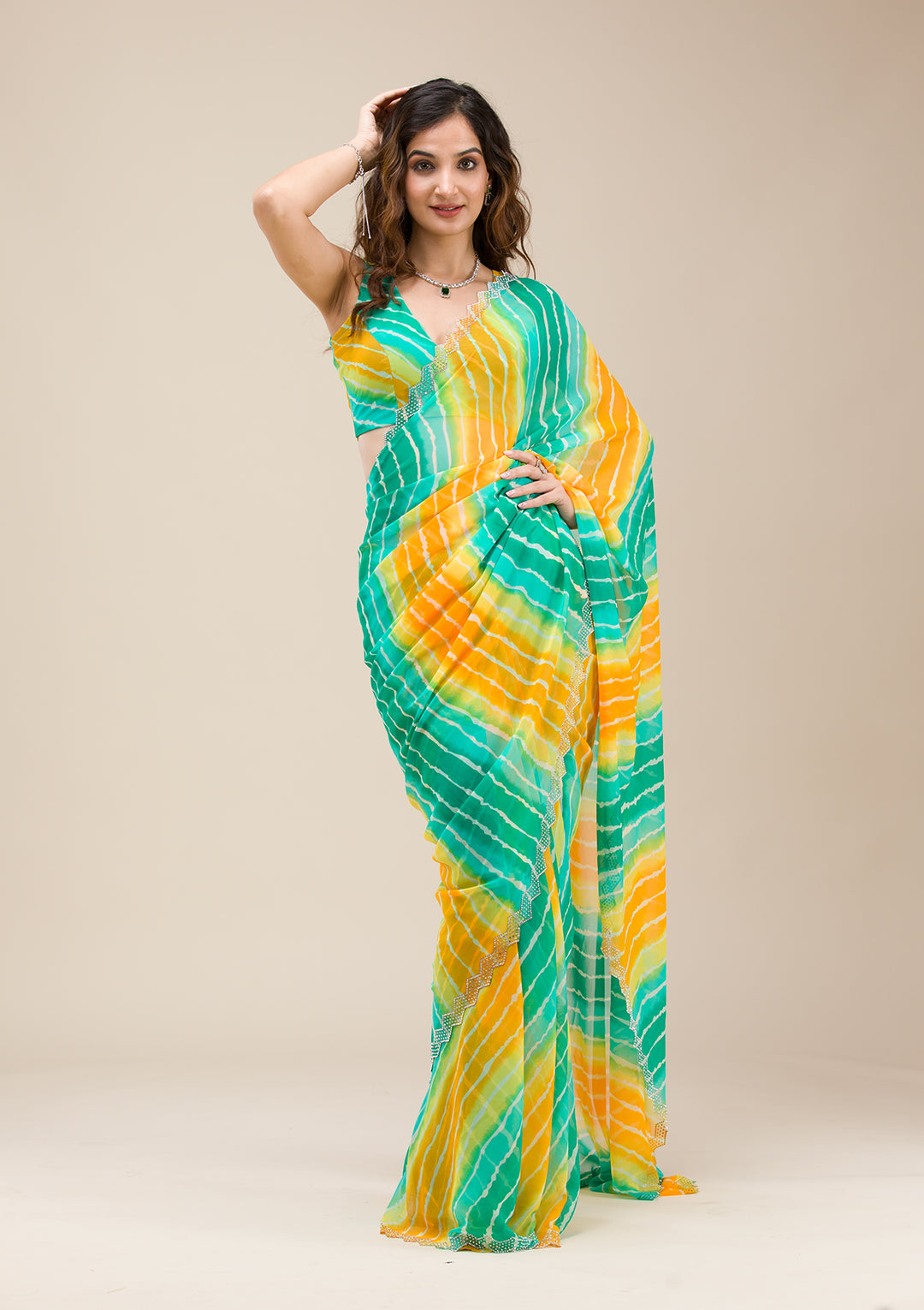 Rama Green Chiffon Leheria Silver Stonework Saree With Matching Blouse Piece