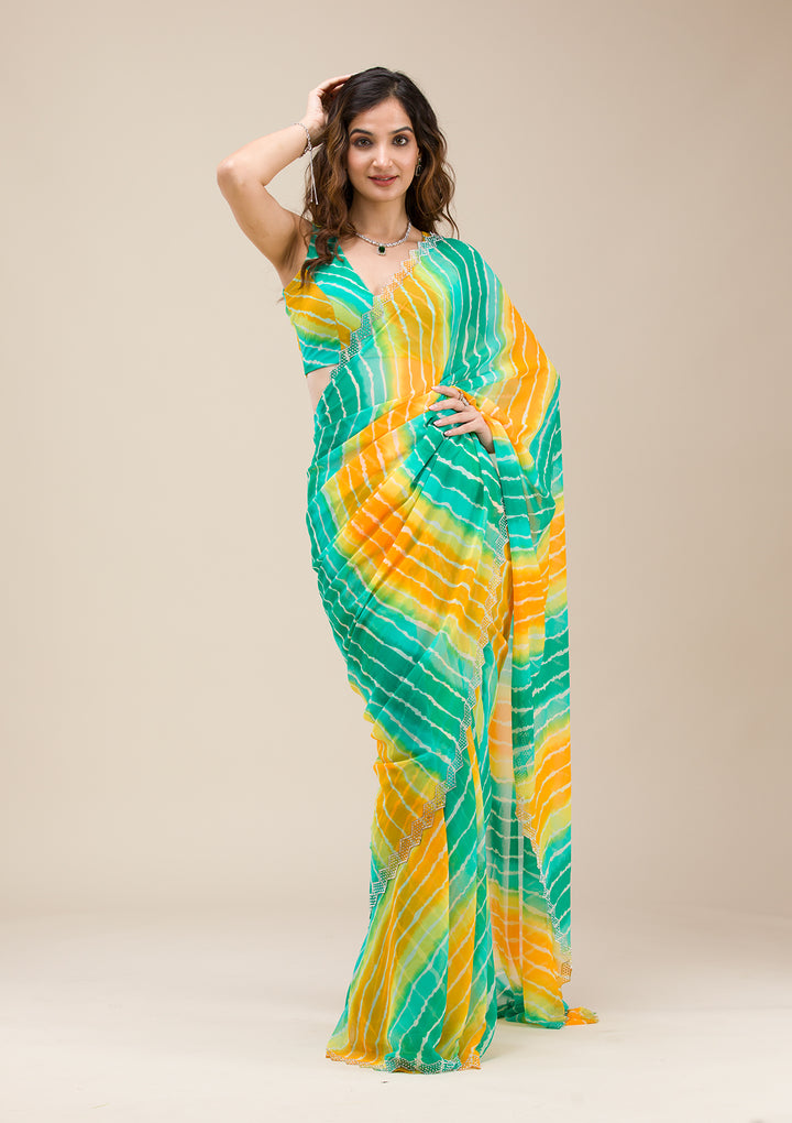 Rama Green Chiffon Leheria Silver Stonework Saree With Matching Blouse Piece