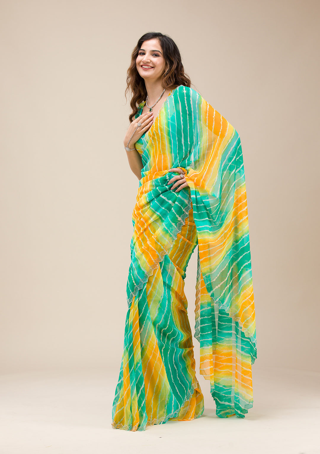 Rama Green Chiffon Leheria Silver Stonework Saree With Matching Blouse Piece