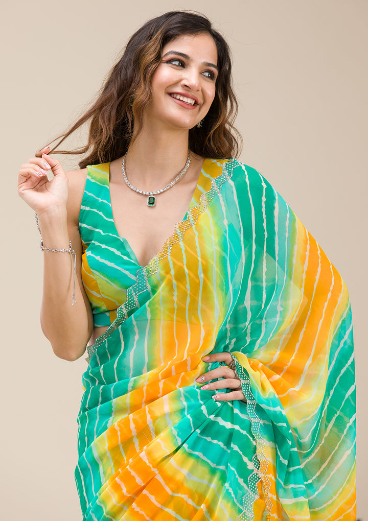Rama Green Chiffon Leheria Silver Stonework Saree With Matching Blouse Piece