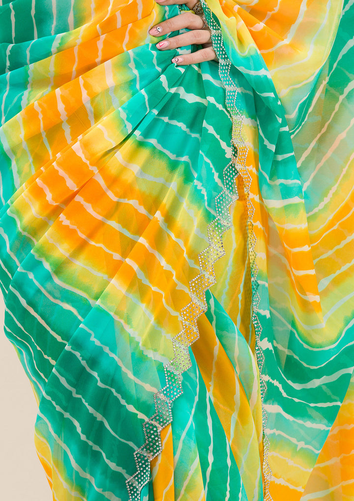 Rama Green Chiffon Leheria Silver Stonework Saree With Matching Blouse Piece