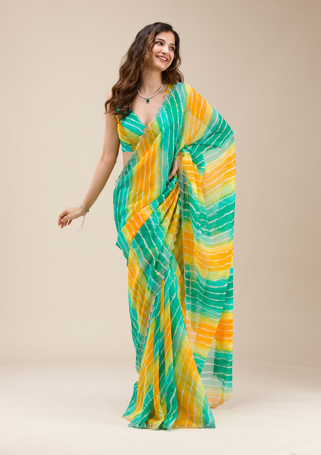 Rama Green Chiffon Leheria Silver Stonework Saree With Matching Blouse Piece