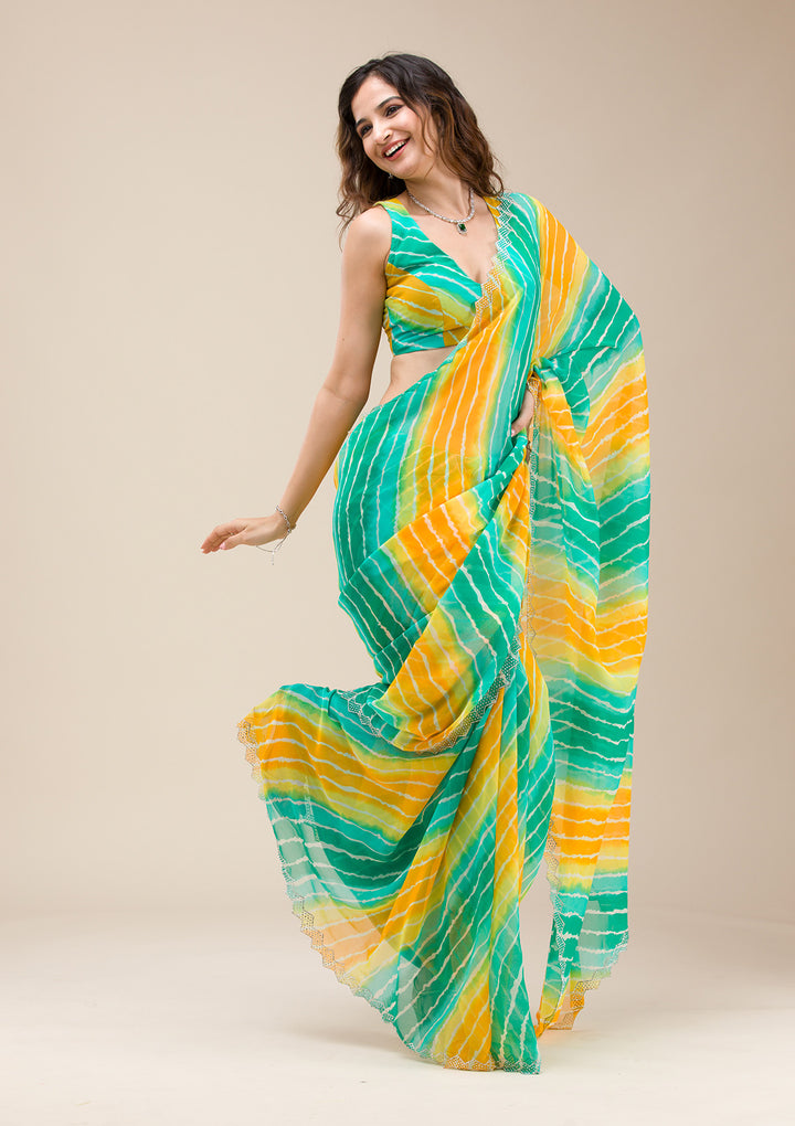 Rama Green Chiffon Leheria Silver Stonework Saree With Matching Blouse Piece