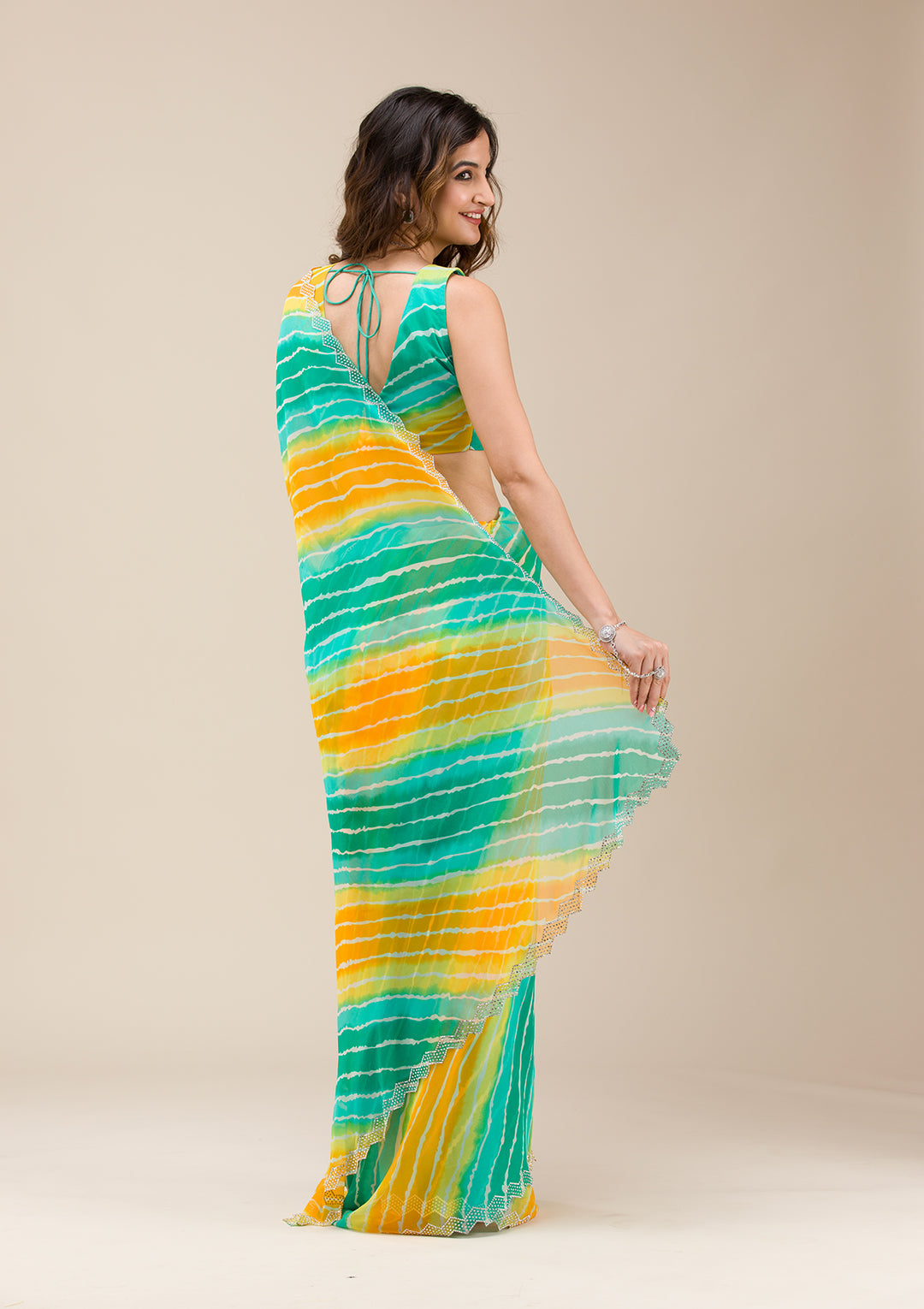 Rama Green Chiffon Leheria Silver Stonework Saree With Matching Blouse Piece