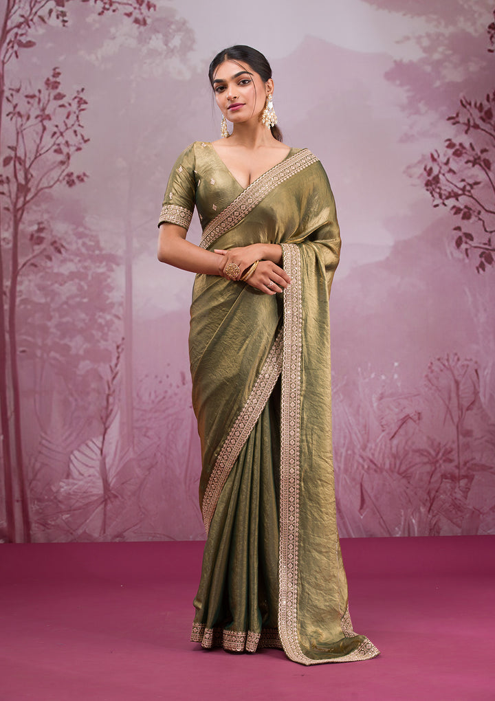 Rama Green Cording Tissue Saree