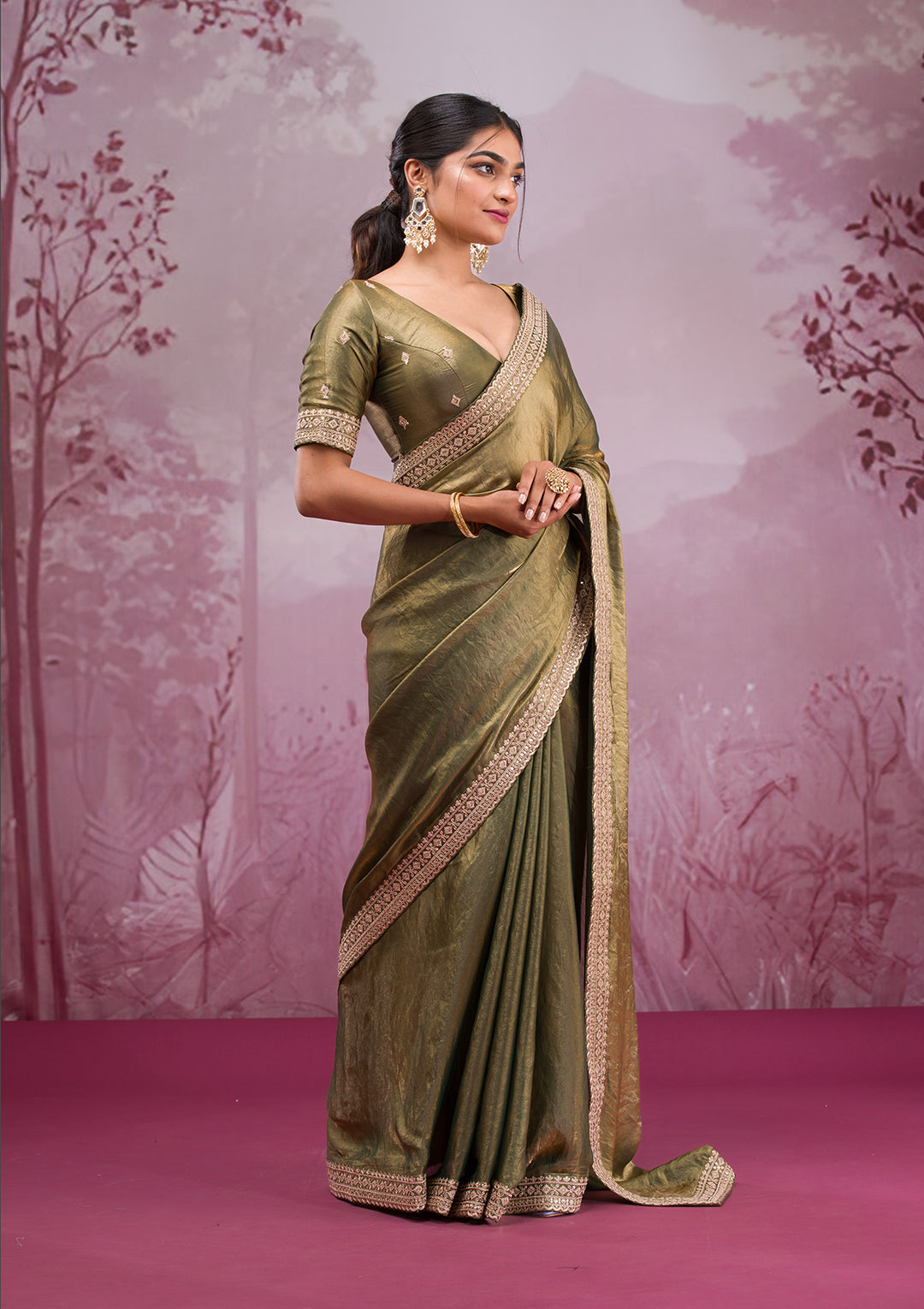 Rama Green Cording Tissue Saree