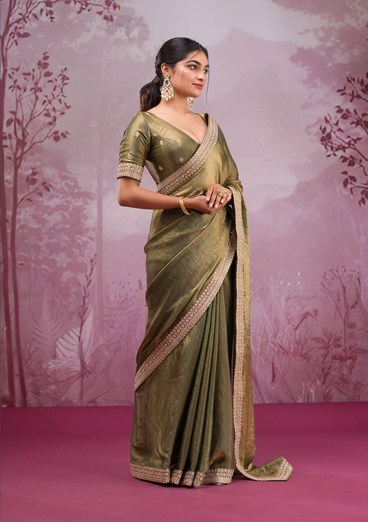 Rama Green Cording Tissue Saree