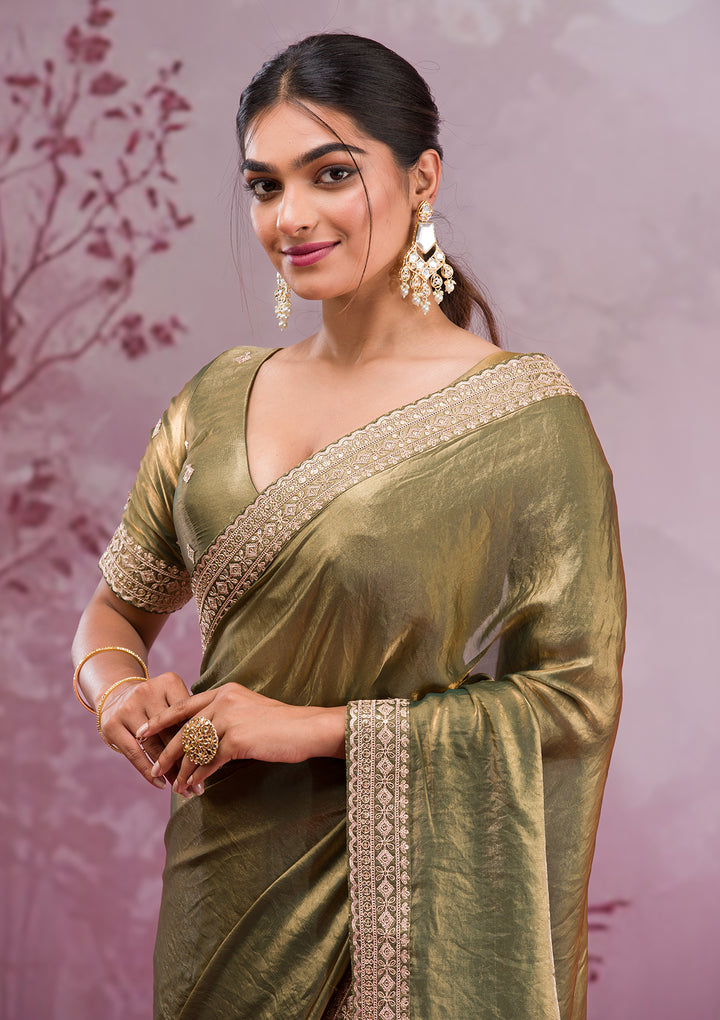 Rama Green Cording Tissue Saree