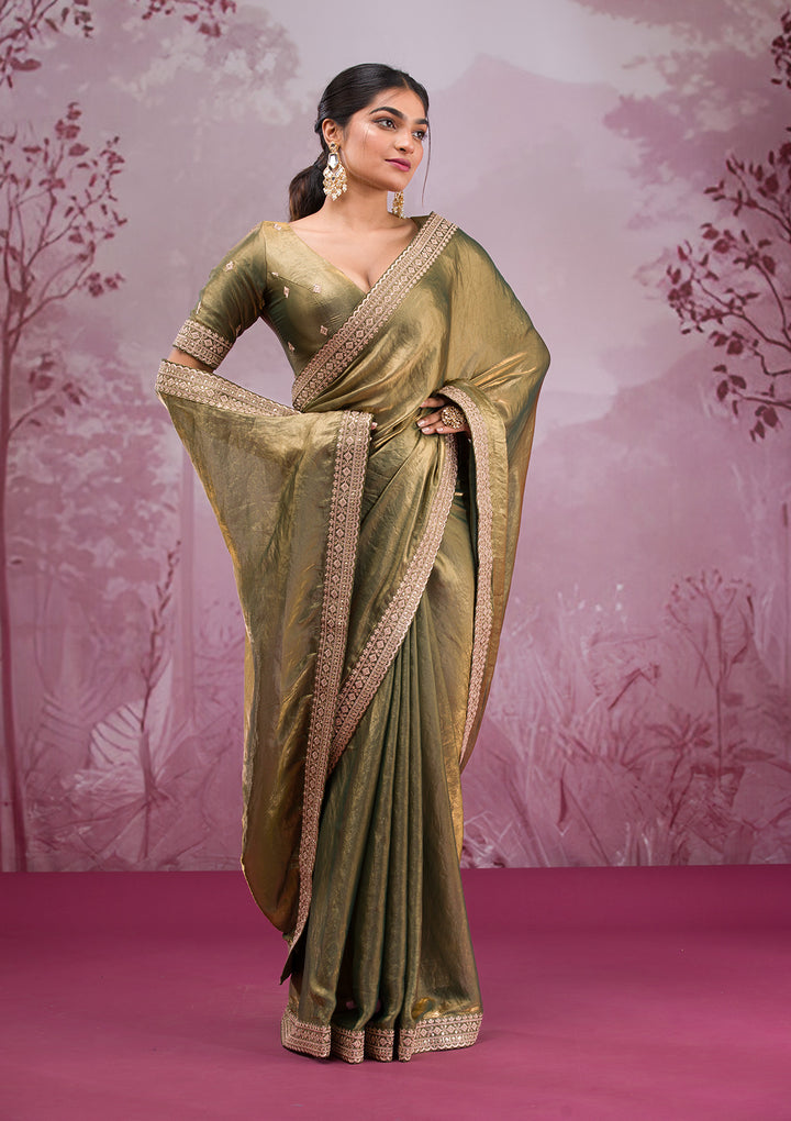 Rama Green Cording Tissue Saree