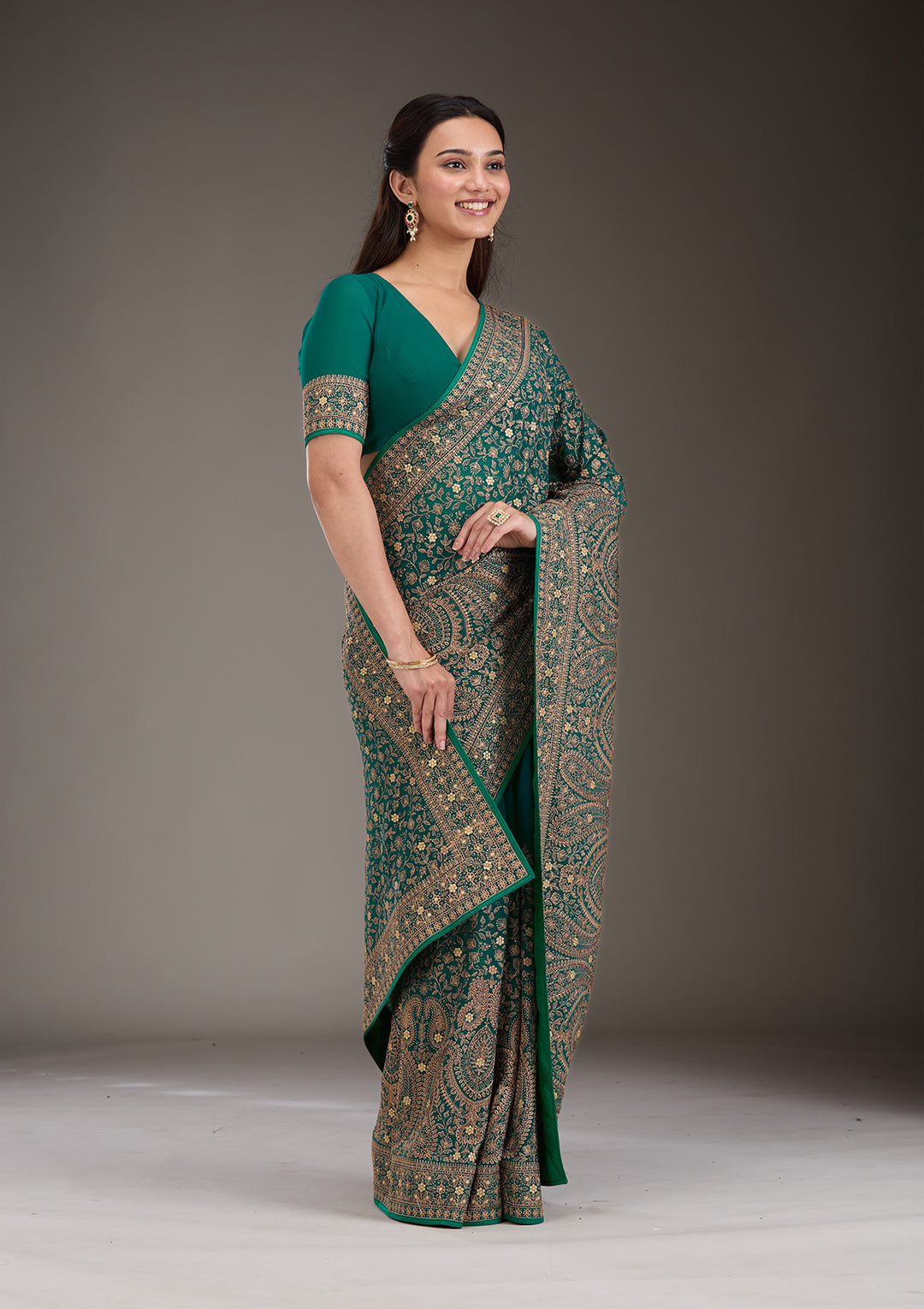 Rama Green Georgette Kashmiri Saree With Matching Blouse Piece