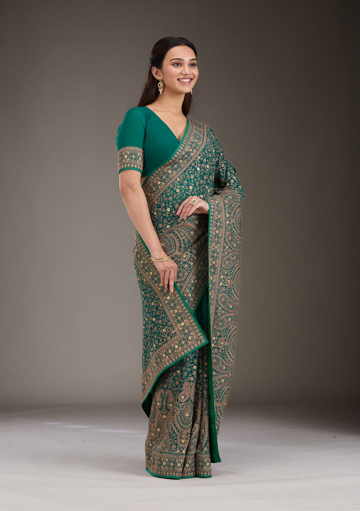 Rama Green Georgette Kashmiri Saree With Matching Blouse Piece