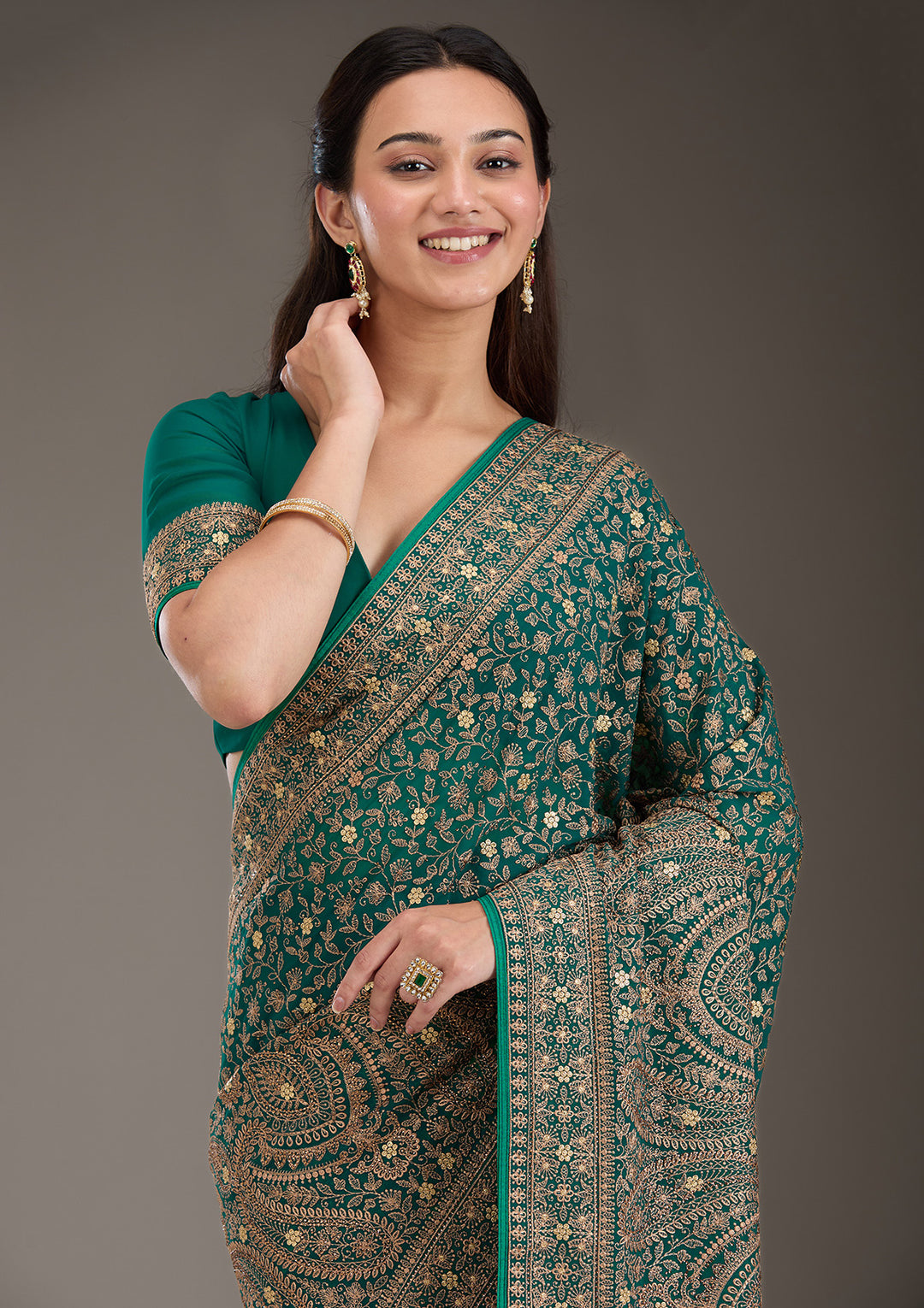 Rama Green Georgette Kashmiri Saree With Matching Blouse Piece
