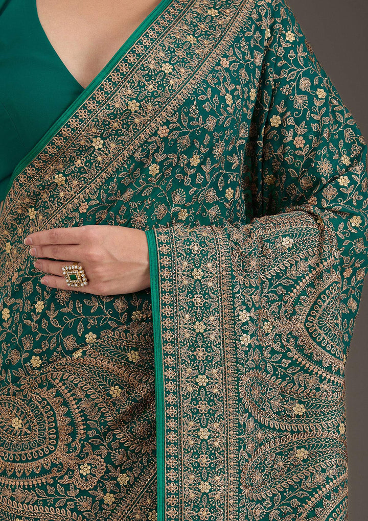Rama Green Georgette Kashmiri Saree With Matching Blouse Piece