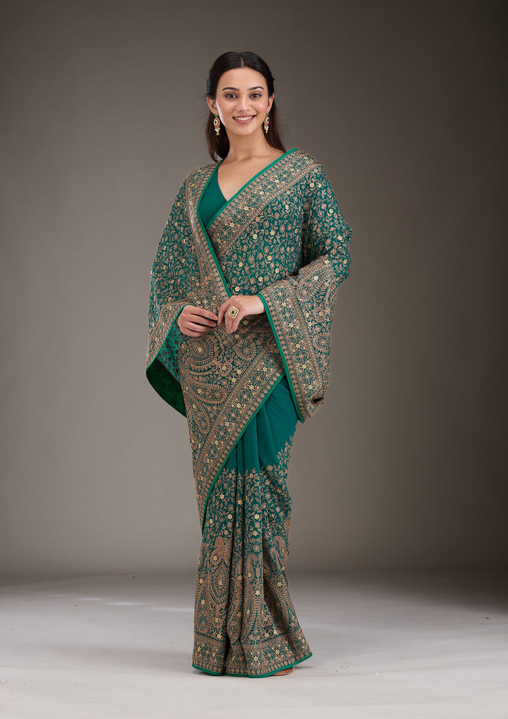 Rama Green Georgette Kashmiri Saree With Matching Blouse Piece
