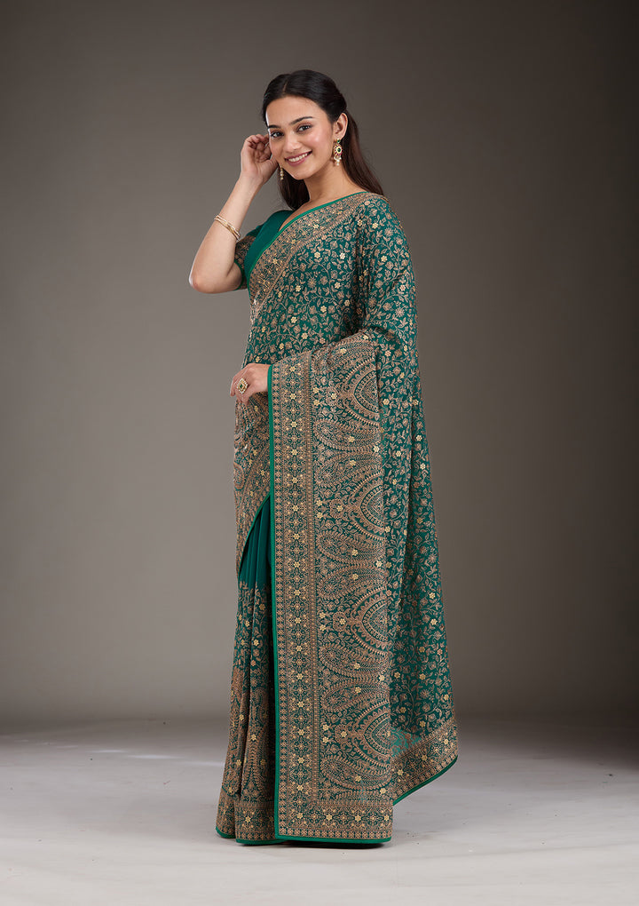 Rama Green Georgette Kashmiri Saree With Matching Blouse Piece