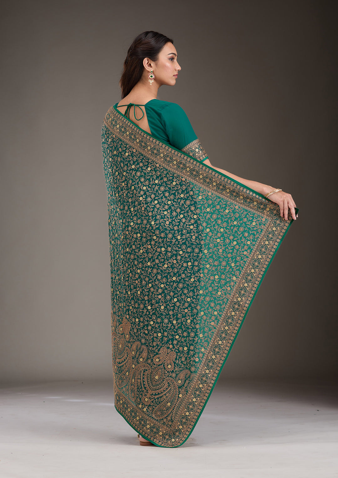 Rama Green Georgette Kashmiri Saree With Matching Blouse Piece
