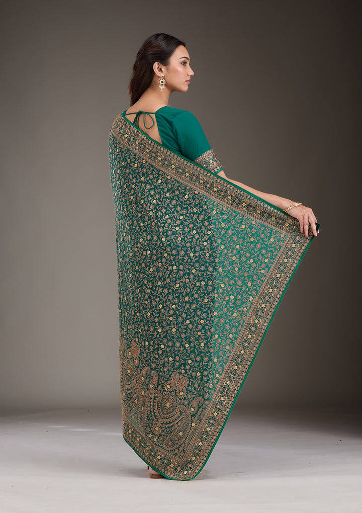 Rama Green Georgette Kashmiri Saree With Matching Blouse Piece