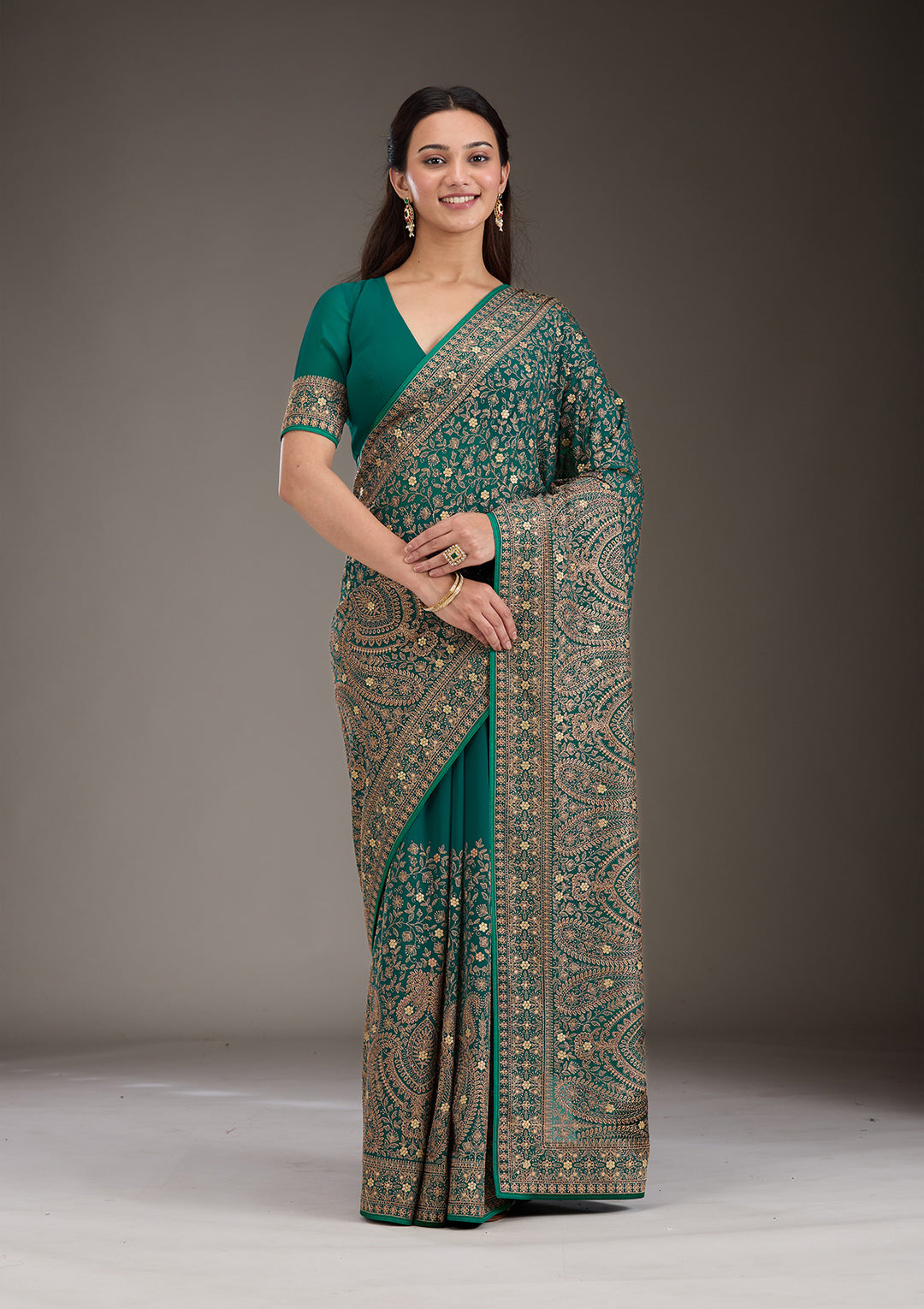 Rama Green Georgette Kashmiri Saree With Matching Blouse Piece