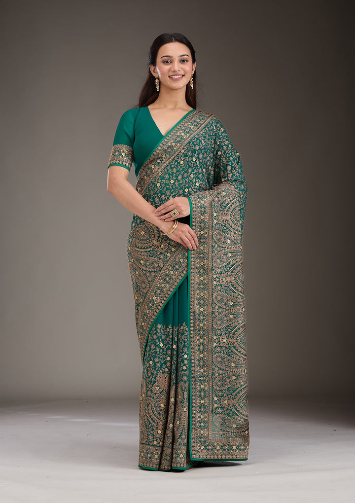 Rama Green Georgette Kashmiri Saree With Matching Blouse Piece