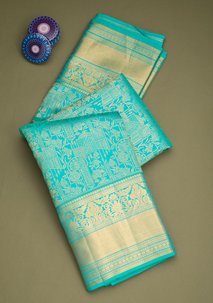 Rama Green Silk Jaal Gold Zariwork Saree With Matching Blouse Piece