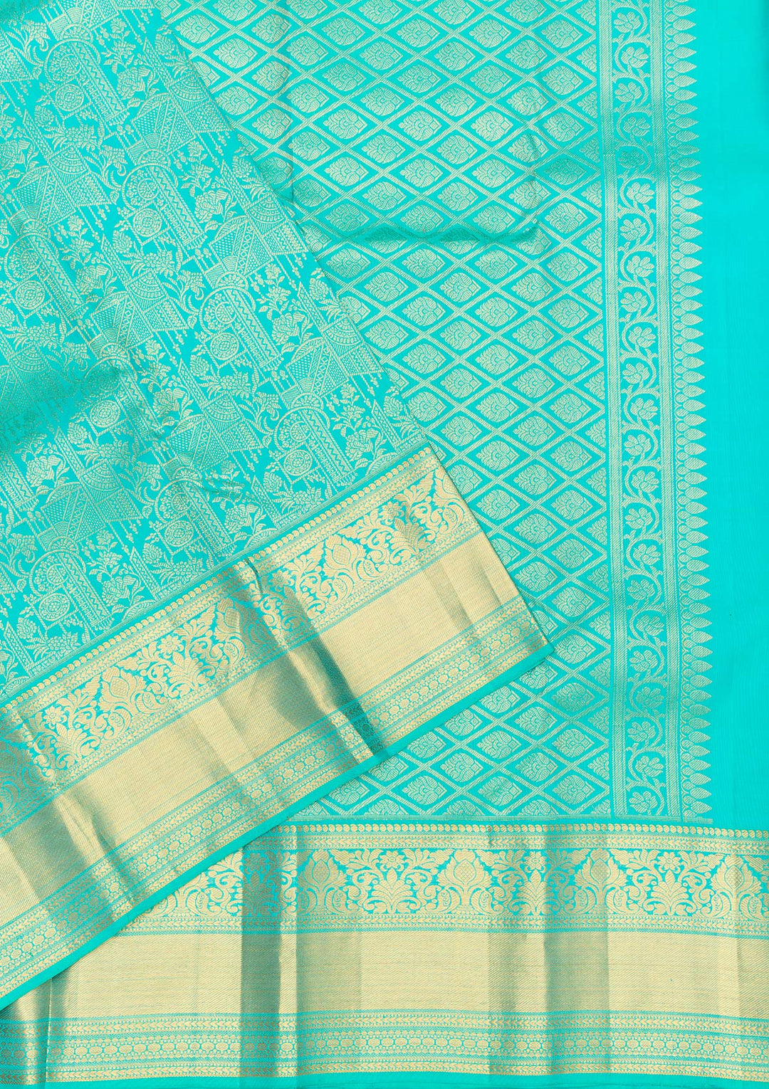 Rama Green Silk Jaal Gold Zariwork Saree With Matching Blouse Piece