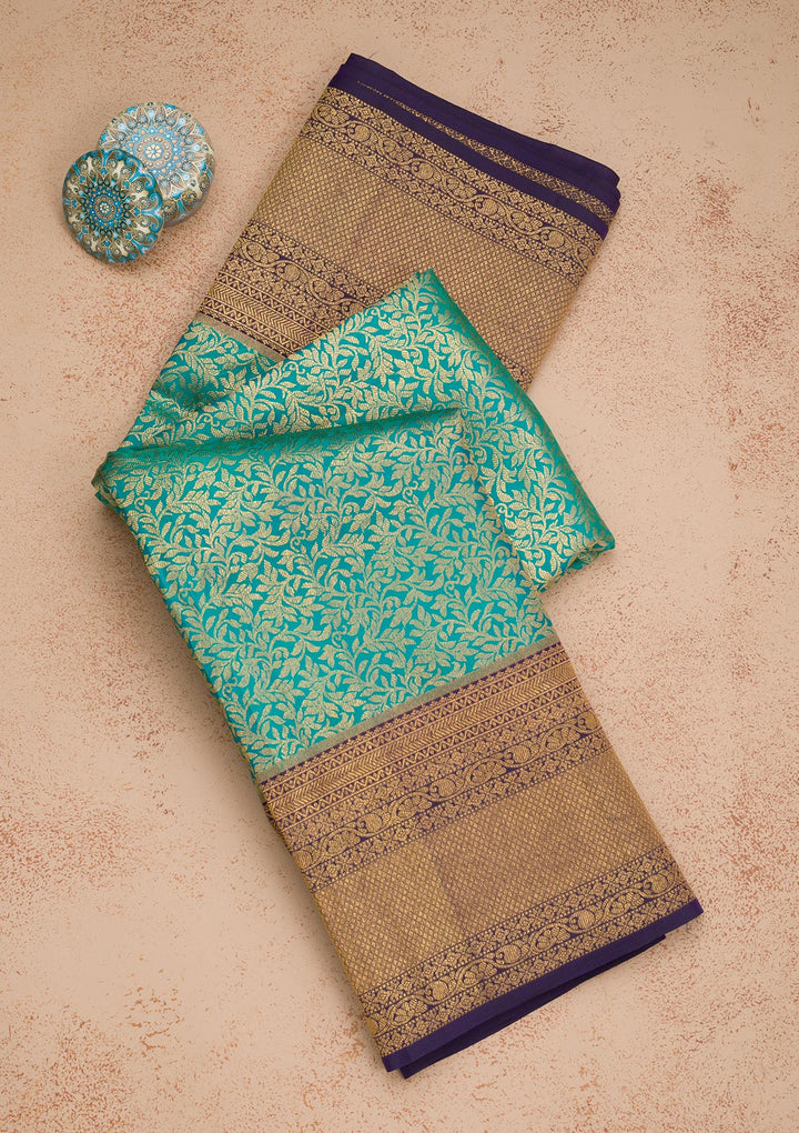 Rama Green Silk Jaal Gold Zariwork Saree With Matching Blouse Piece