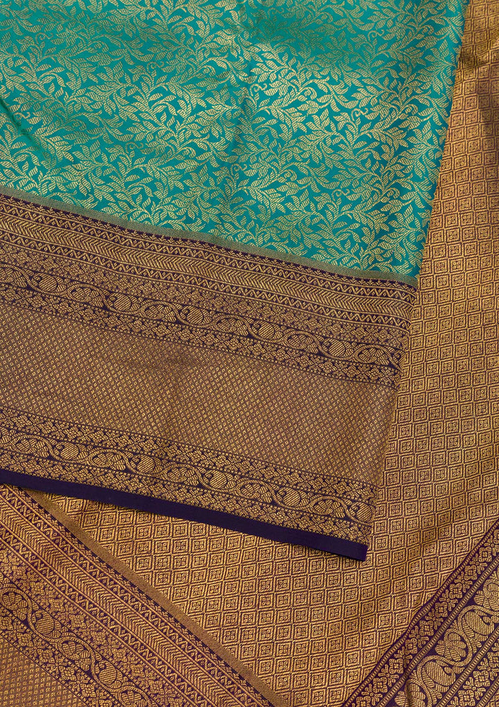 Rama Green Silk Jaal Gold Zariwork Saree With Matching Blouse Piece