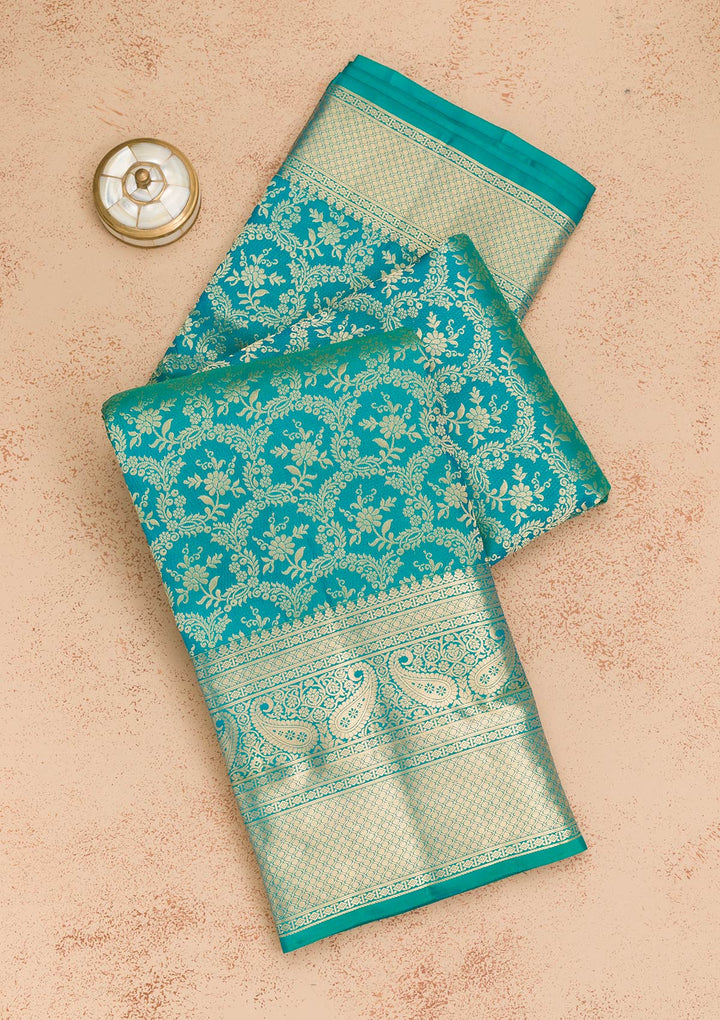 Peacock Blue Silk Jaal Gold Zariwork Saree With Matching Blouse Piece