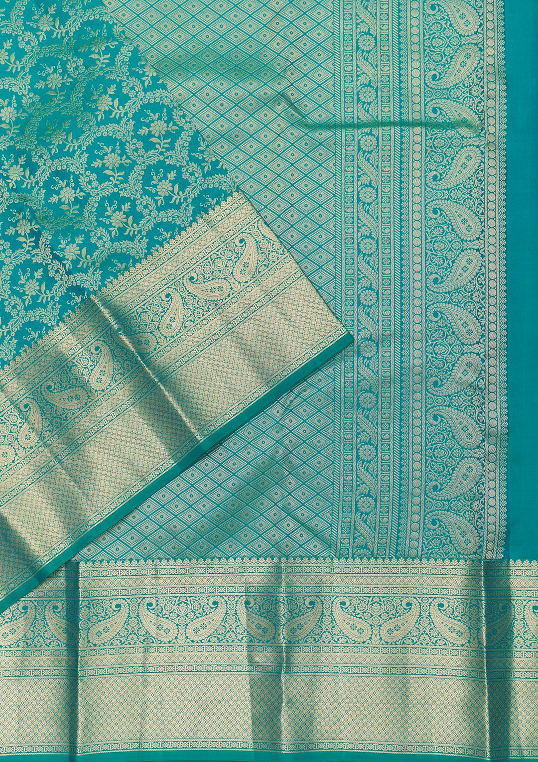 Peacock Blue Silk Jaal Gold Zariwork Saree With Matching Blouse Piece