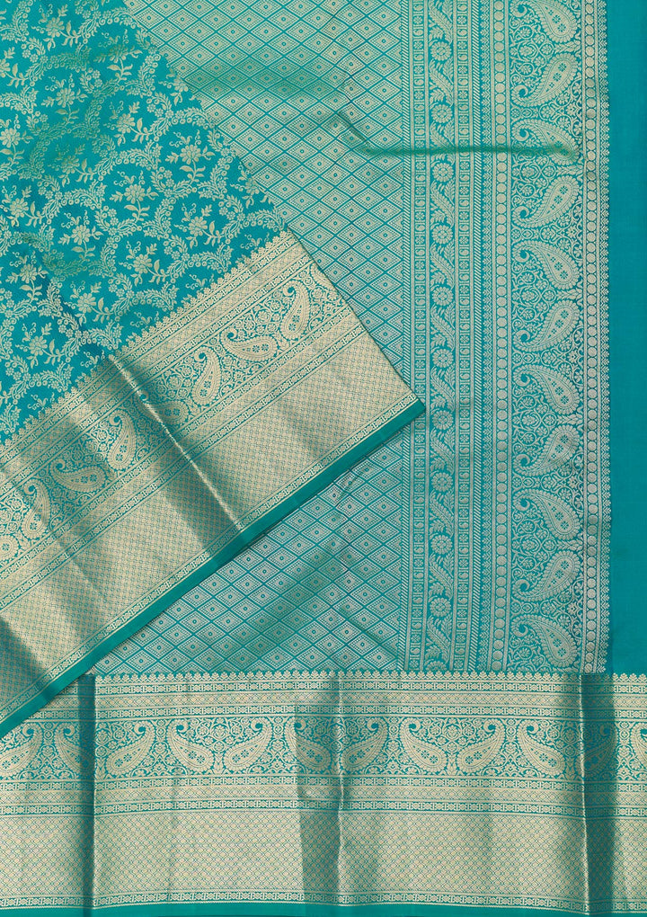 Peacock Blue Silk Jaal Gold Zariwork Saree With Matching Blouse Piece