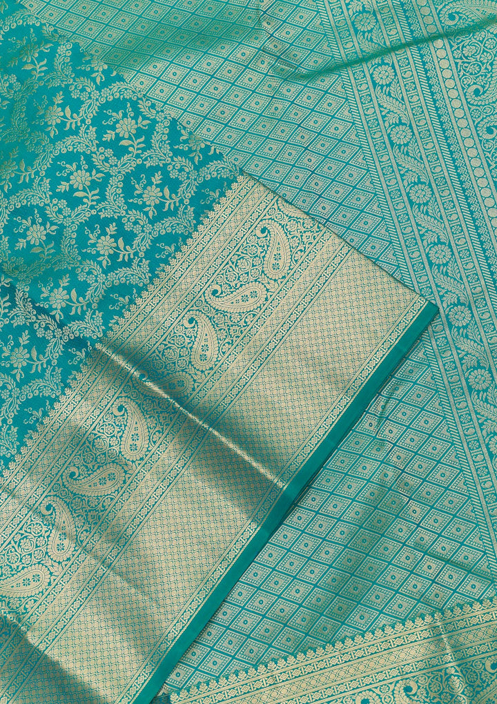 Peacock Blue Silk Jaal Gold Zariwork Saree With Matching Blouse Piece