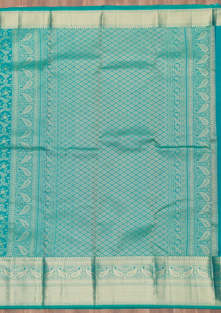 Peacock Blue Silk Jaal Gold Zariwork Saree With Matching Blouse Piece