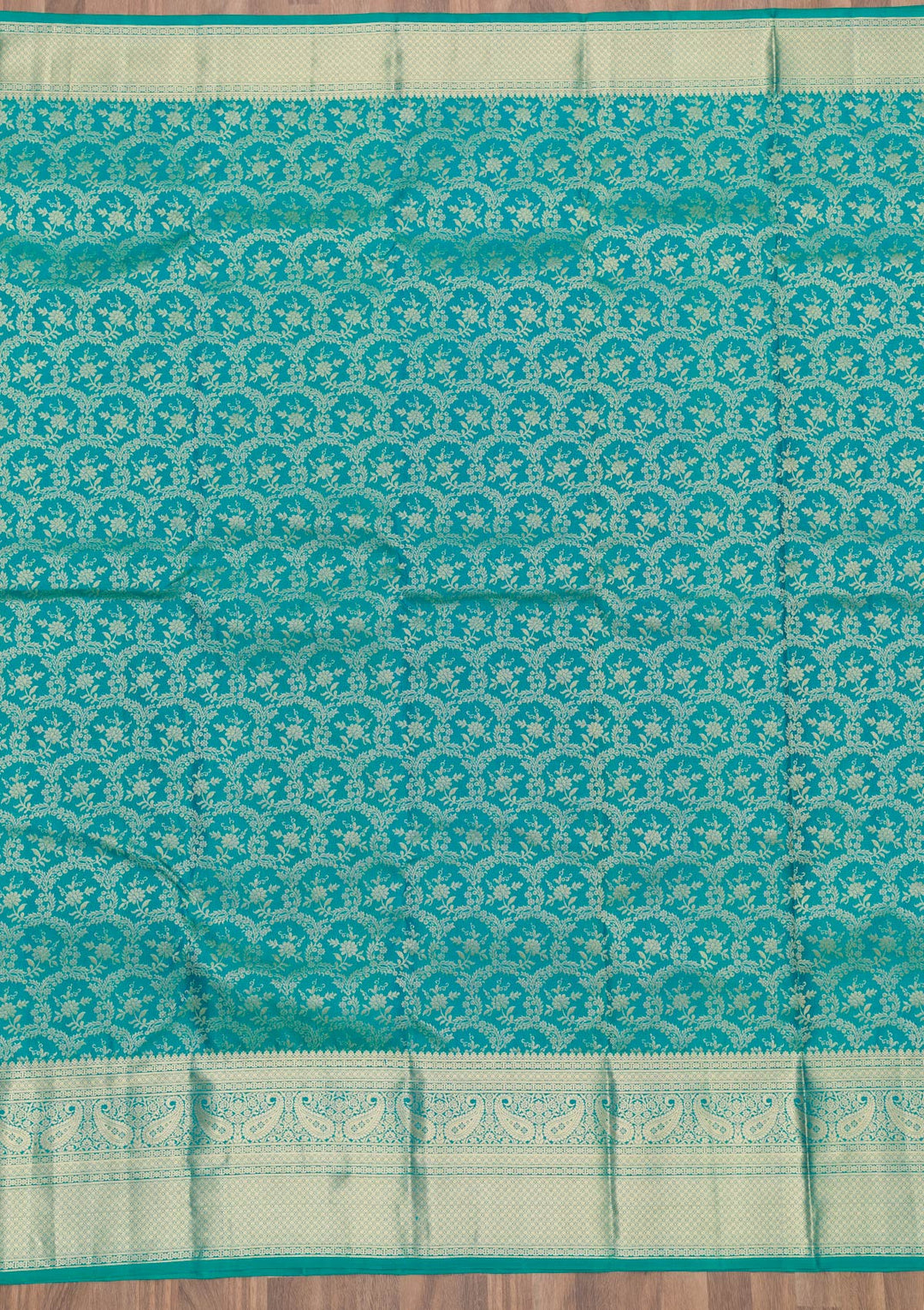 Peacock Blue Silk Jaal Gold Zariwork Saree With Matching Blouse Piece