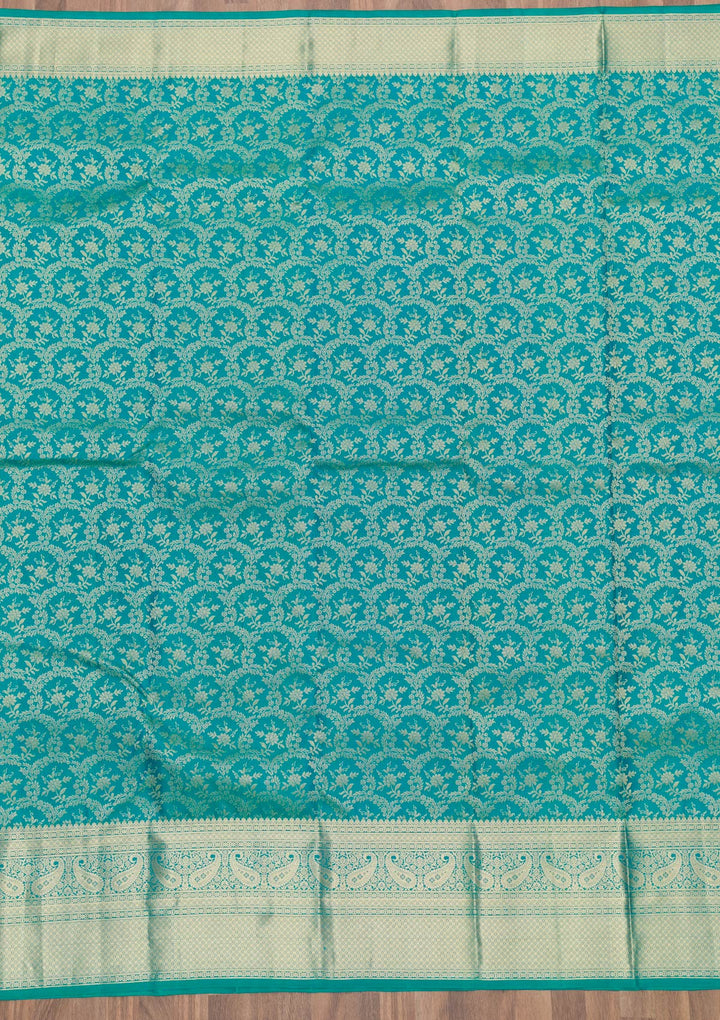 Peacock Blue Silk Jaal Gold Zariwork Saree With Matching Blouse Piece