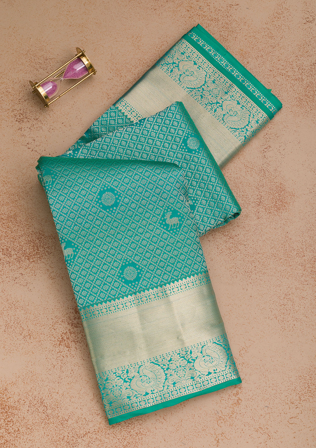 Rama Green Silk Jaal Gold Zariwork Saree With Matching Blouse Piece
