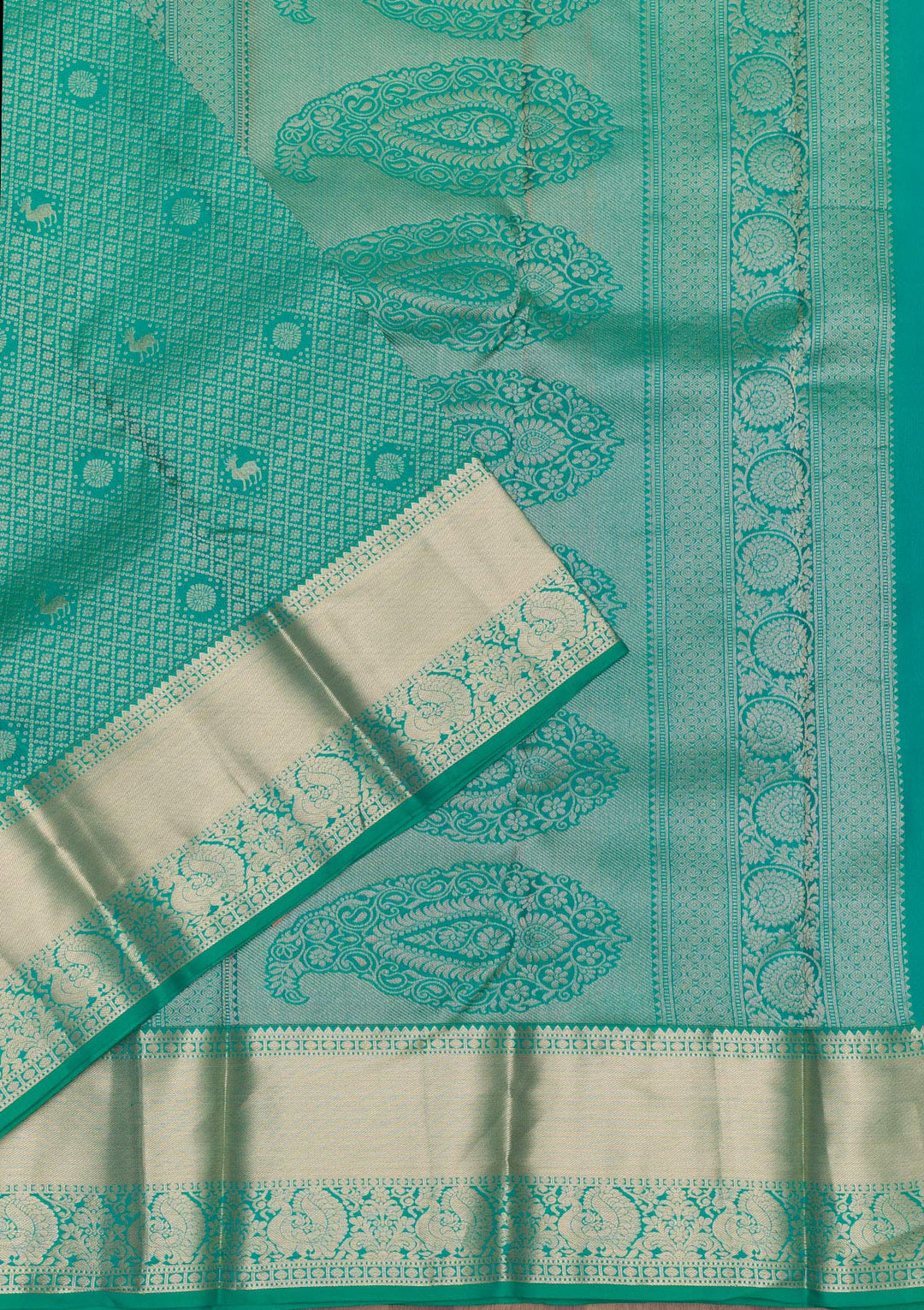 Rama Green Silk Jaal Gold Zariwork Saree With Matching Blouse Piece