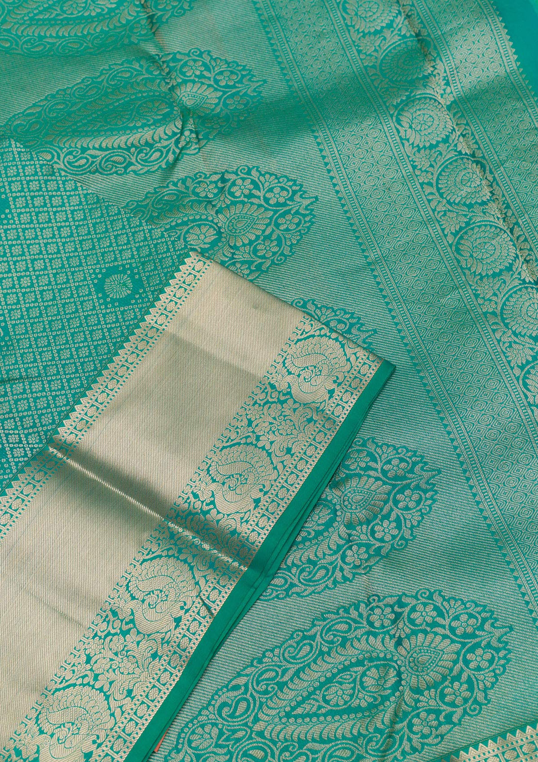 Rama Green Silk Jaal Gold Zariwork Saree With Matching Blouse Piece