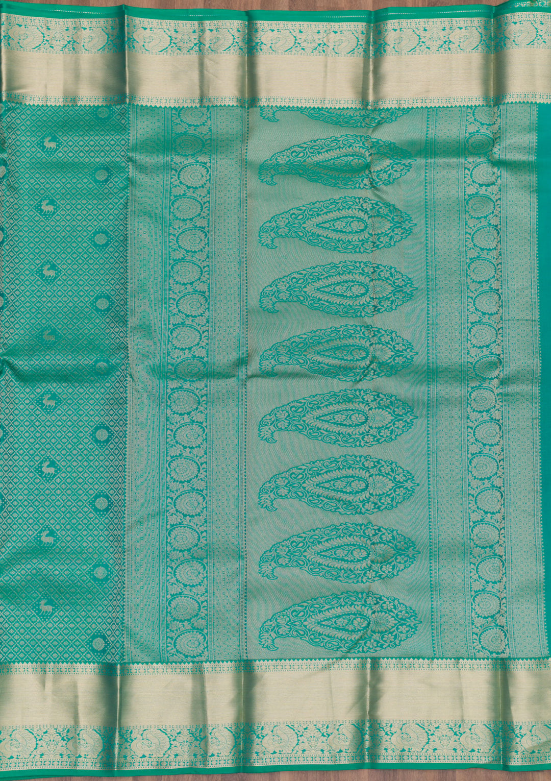Rama Green Silk Jaal Gold Zariwork Saree With Matching Blouse Piece