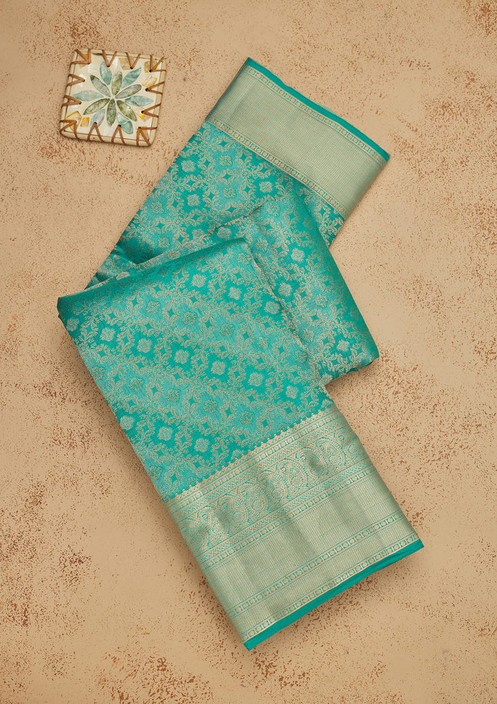 Rama Green Silk Jaal Gold Zariwork Saree With Matching Blouse Piece