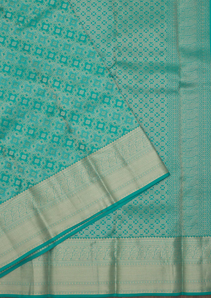 Rama Green Silk Jaal Gold Zariwork Saree With Matching Blouse Piece