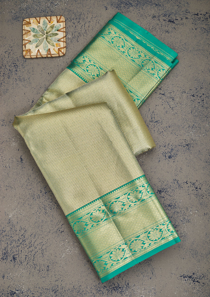 Rama Green Silk Jaal Gold Zariwork Saree With Matching Blouse Piece