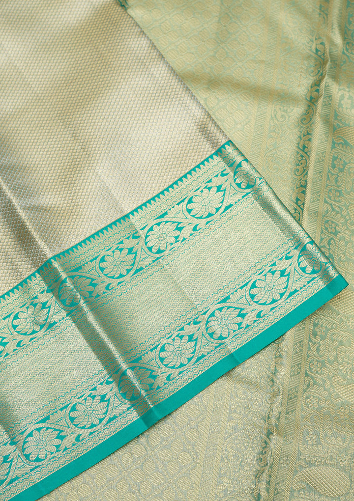 Rama Green Silk Jaal Gold Zariwork Saree With Matching Blouse Piece