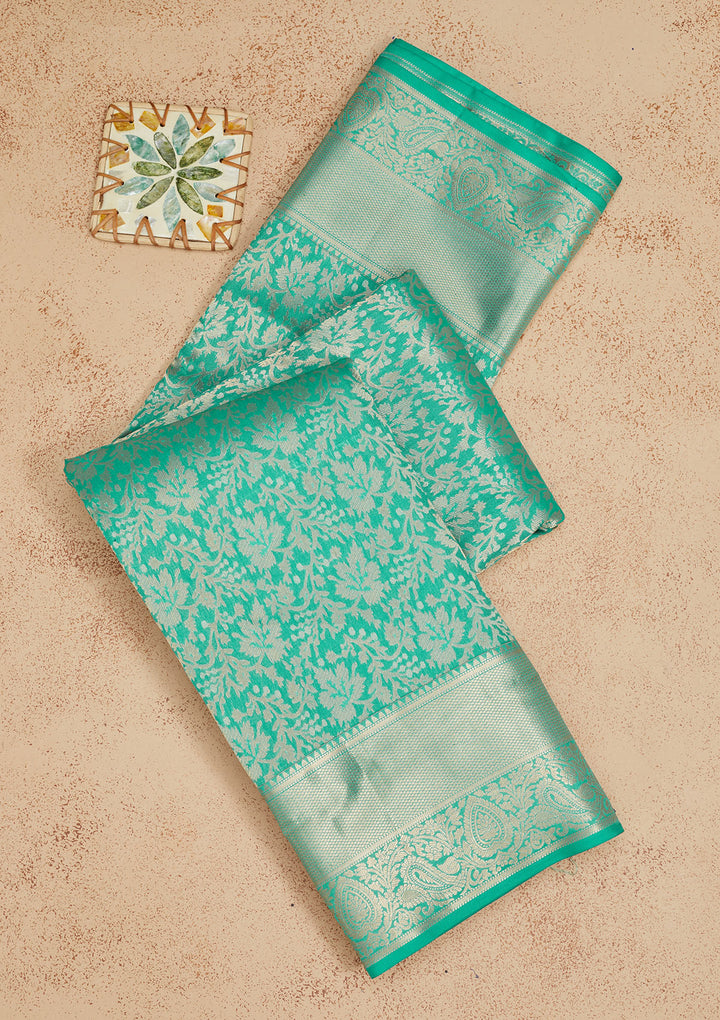 Rama Green Silk Jaal Gold Zariwork Saree With Matching Blouse Piece