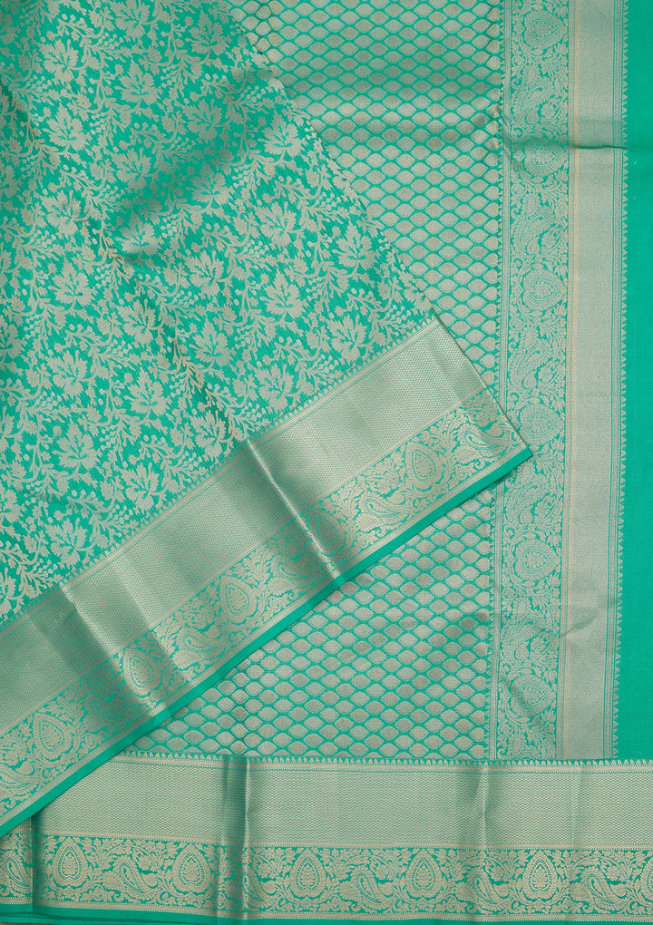 Rama Green Silk Jaal Gold Zariwork Saree With Matching Blouse Piece