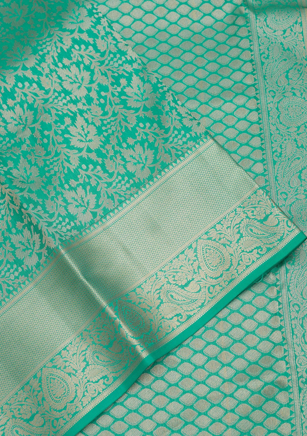 Rama Green Silk Jaal Gold Zariwork Saree With Matching Blouse Piece